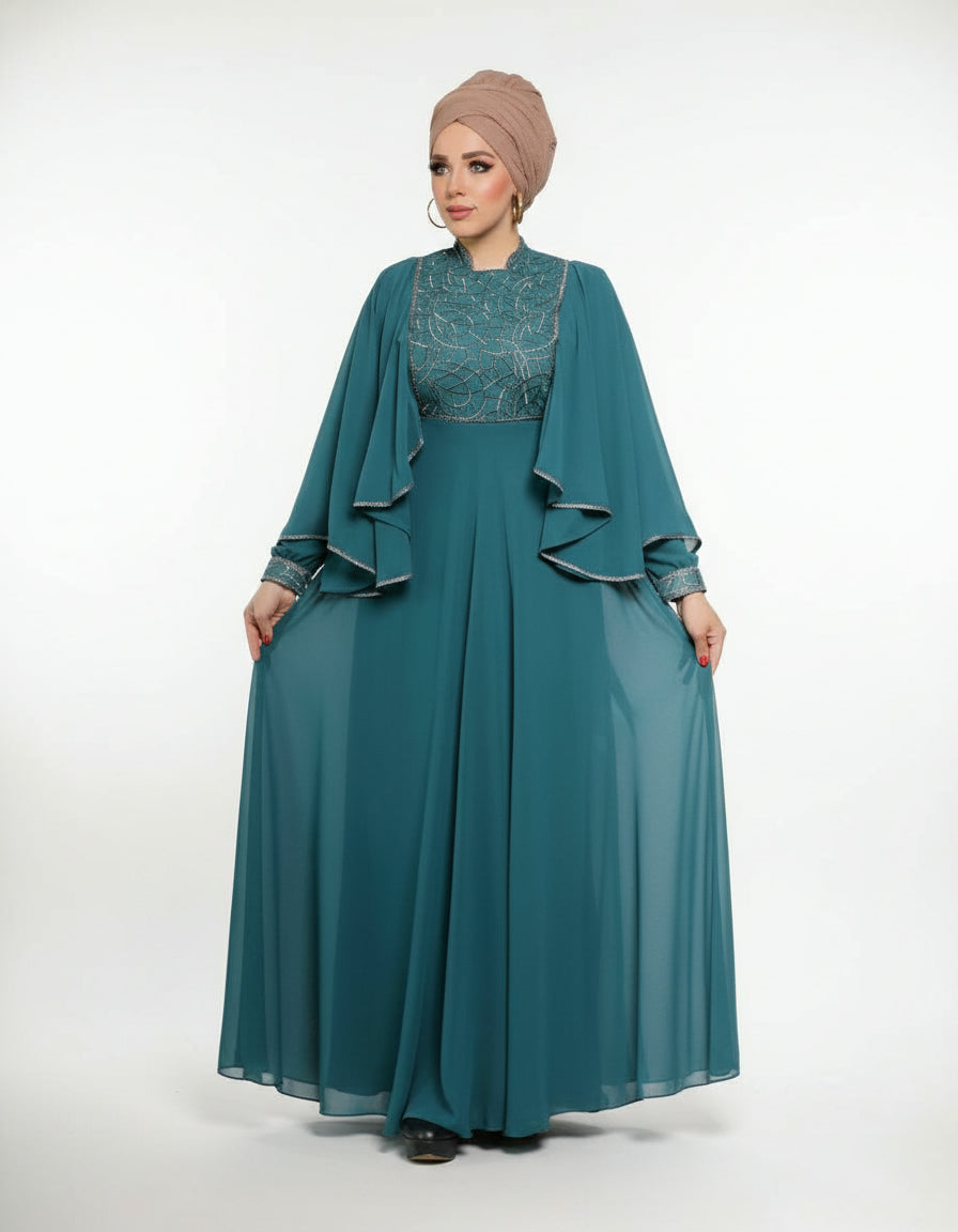 Elegant Embellished Bodice  with Flutter Cape Sleeves