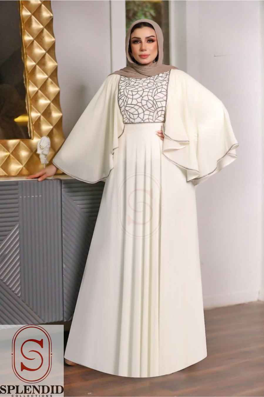 Elegant Embellished Bodice  with Flutter Cape Sleeves