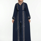 Navy blue abaya with intricate patterns on a white background