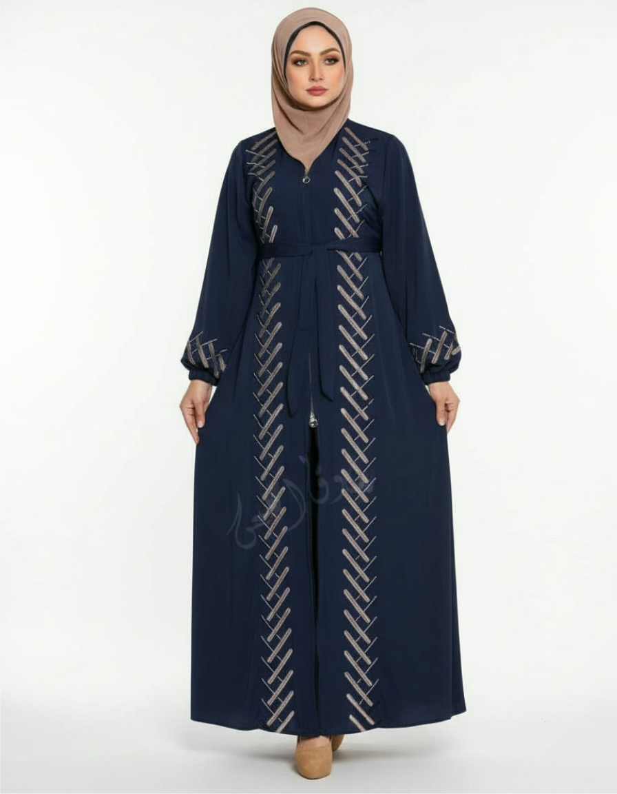 Navy blue abaya with intricate patterns on a white background