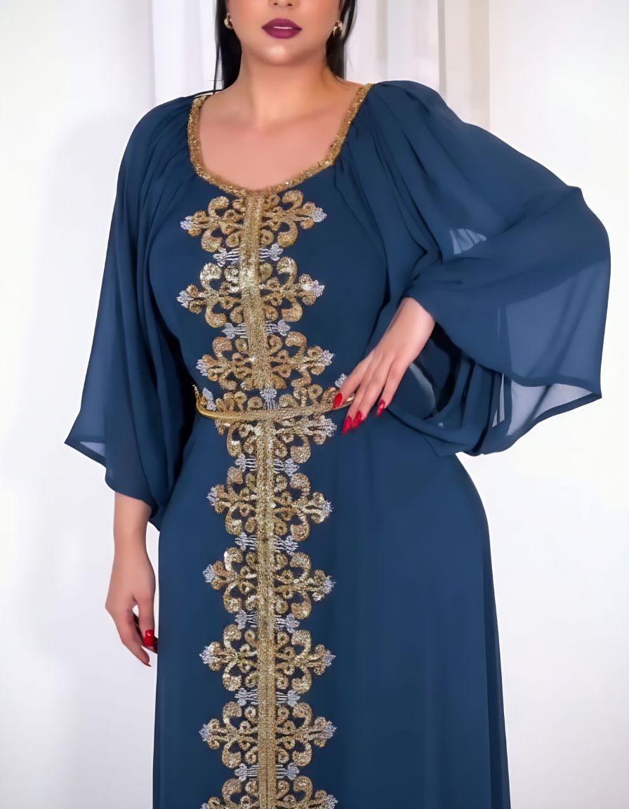 Elegant Maxi Dress with Gold Embroidery