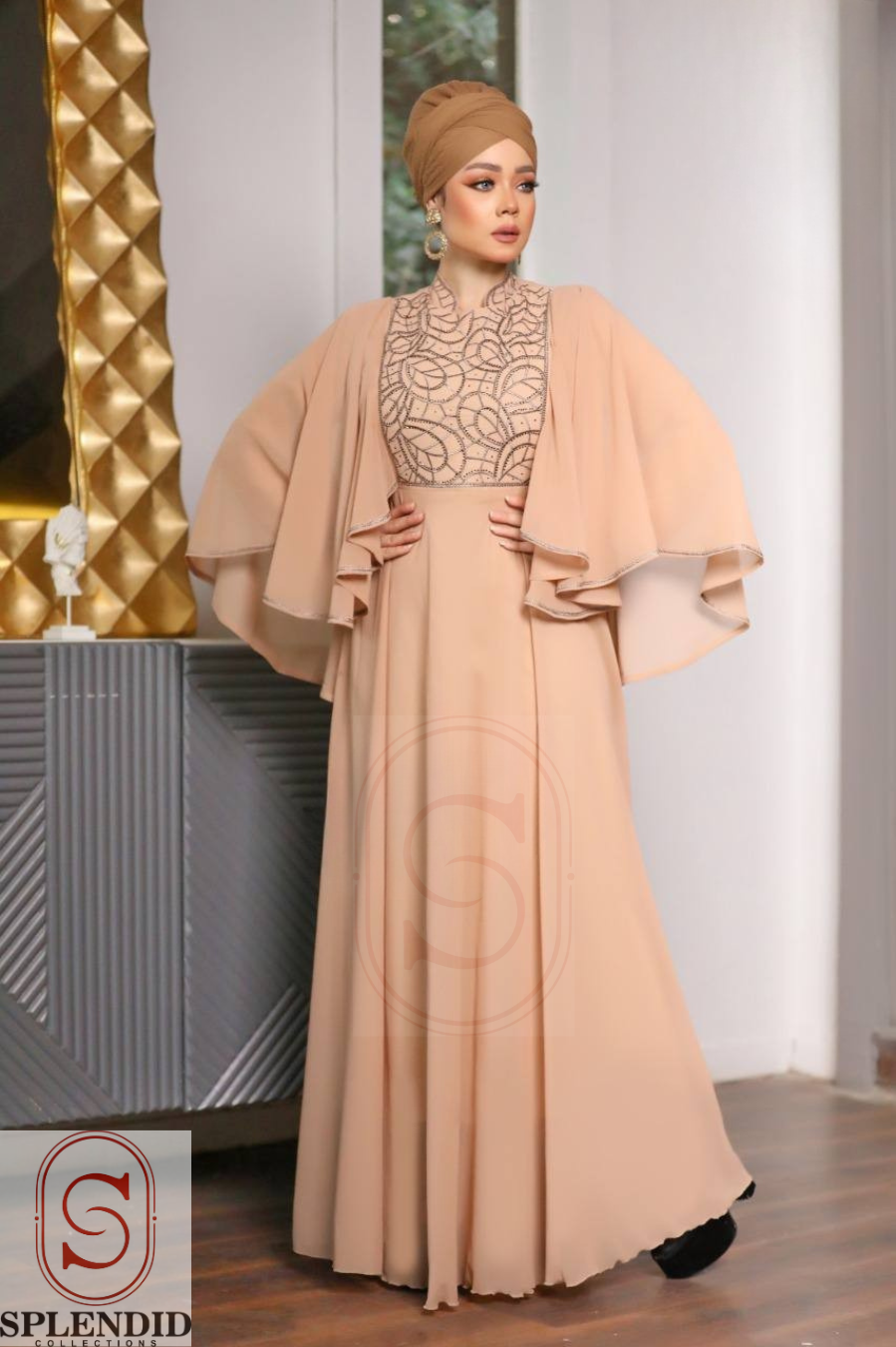 Elegant Embellished Bodice  with Flutter Cape Sleeves