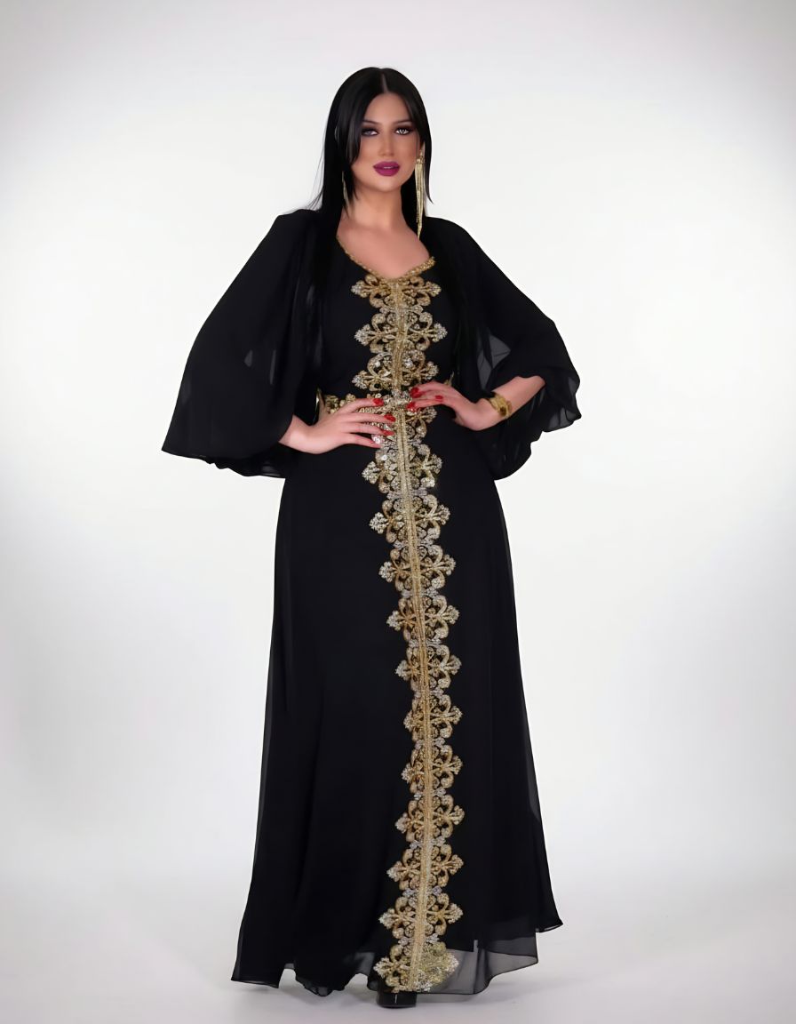 Elegant Maxi Dress with Gold Embroidery