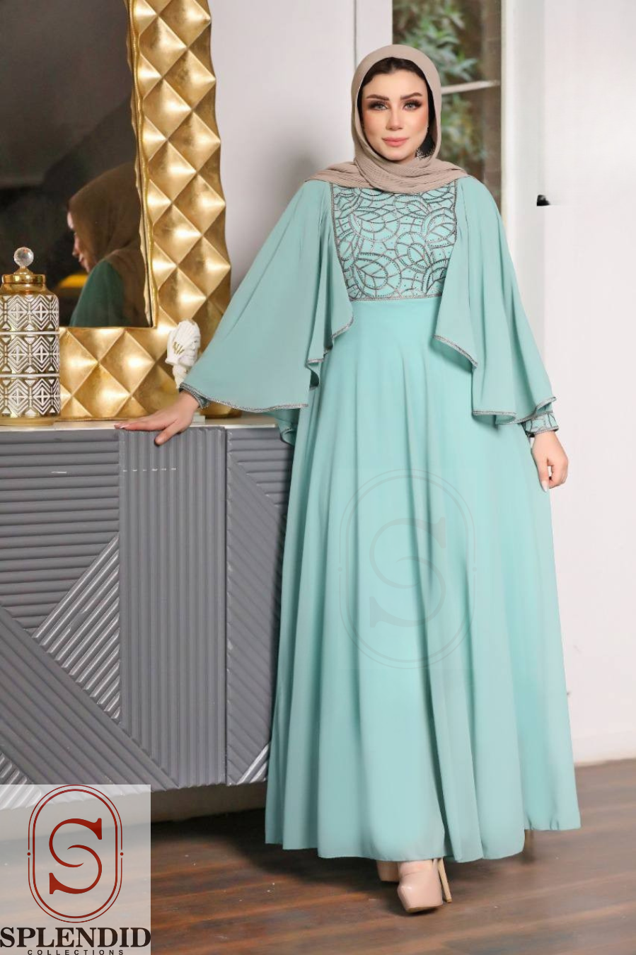 Elegant Embellished Bodice  with Flutter Cape Sleeves