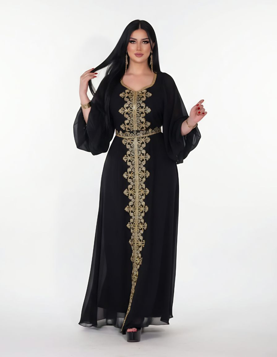 Elegant Maxi Dress with Gold Embroidery
