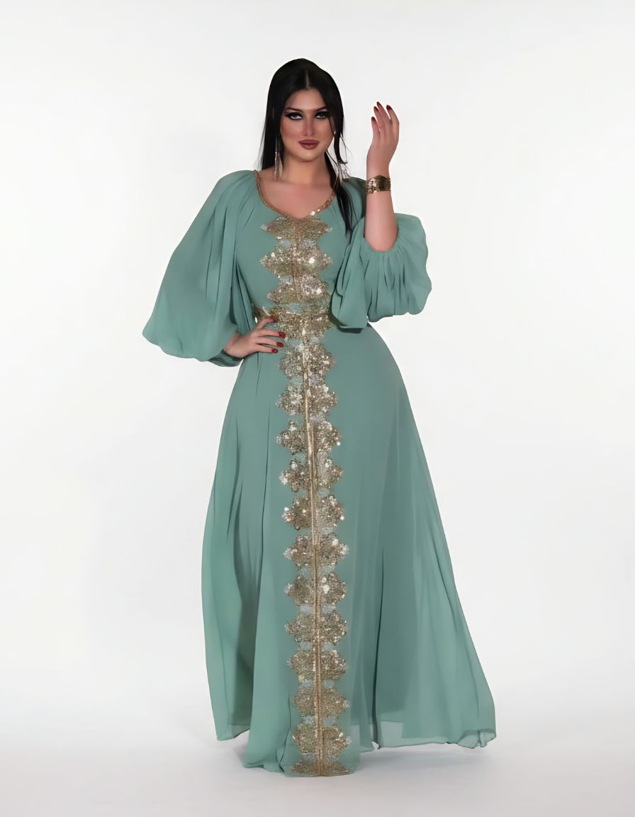 Elegant Maxi Dress with Gold Embroidery