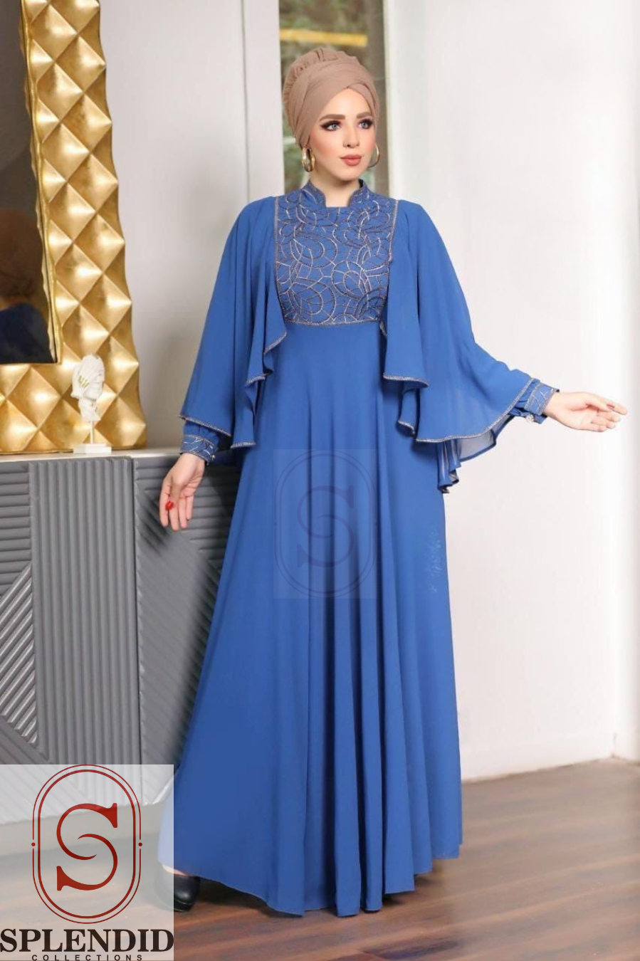 Elegant Embellished Bodice  with Flutter Cape Sleeves